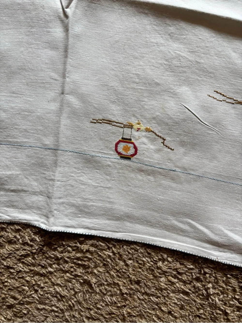 Embroidered White/Off-White Linen Tablecloth with Napkins